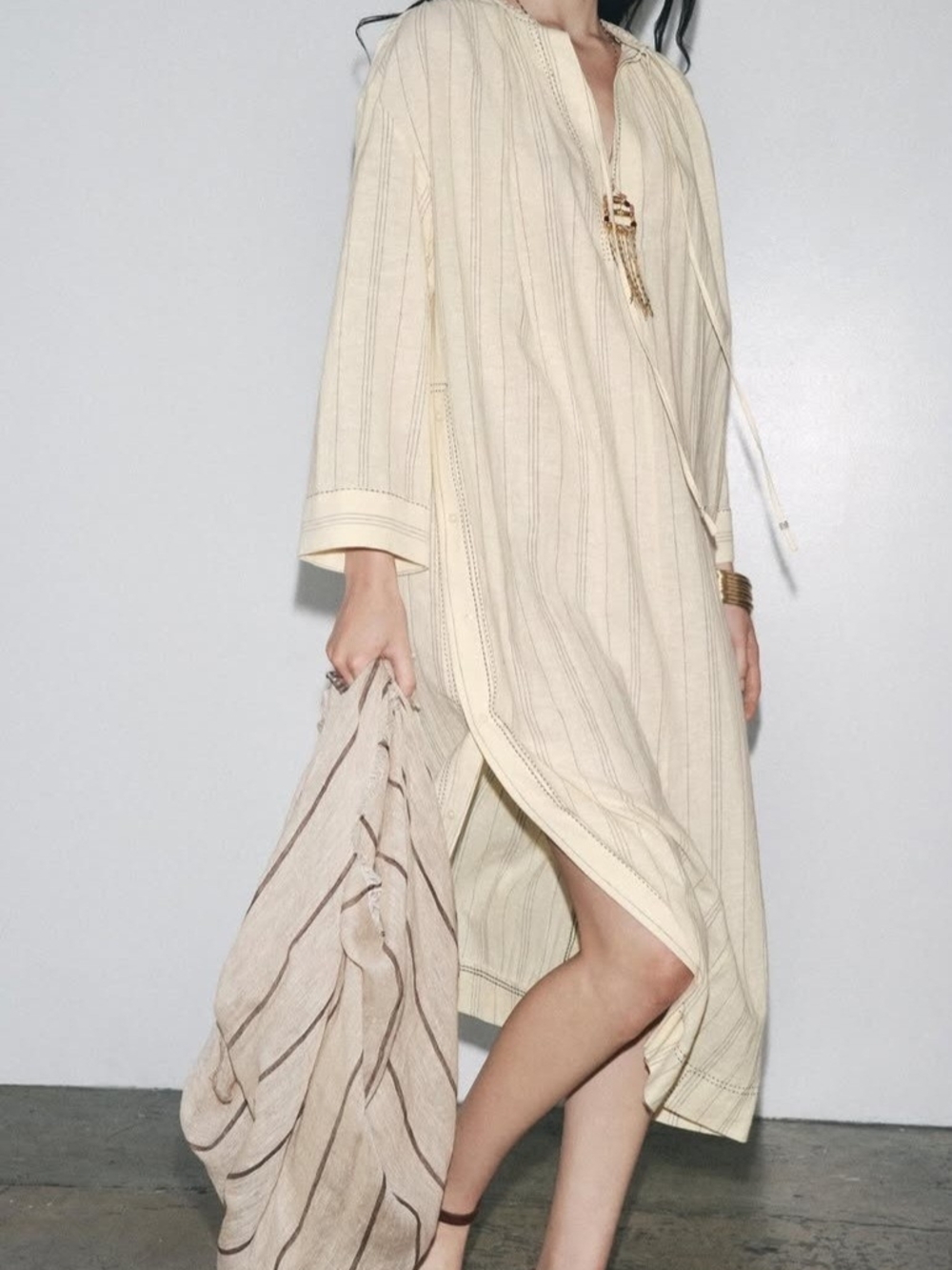 Zara 100% Neutral Striped Beach Caftan Dress - Cream